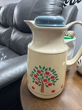 Vintage Cream Coffee Thermos Pitcher with Apple Tree Motif and Blue Lid